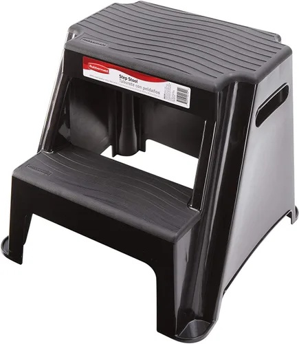 Rubbermaid Taburete de plástico moldeado de 2 escalones, ligero con peldaños antideslizantes y pies antideslizantes, color negro (exclusivo de