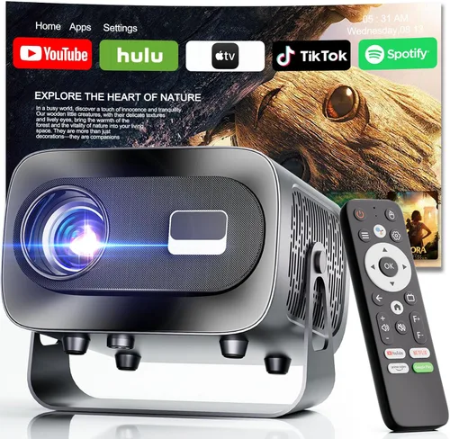 Proyector con WiFi y Bluetooth, enfoque eléctrico y Keystone vertical, soporte HD 4K de 1080P, proyector inteligente con aplicaciones de transmisión