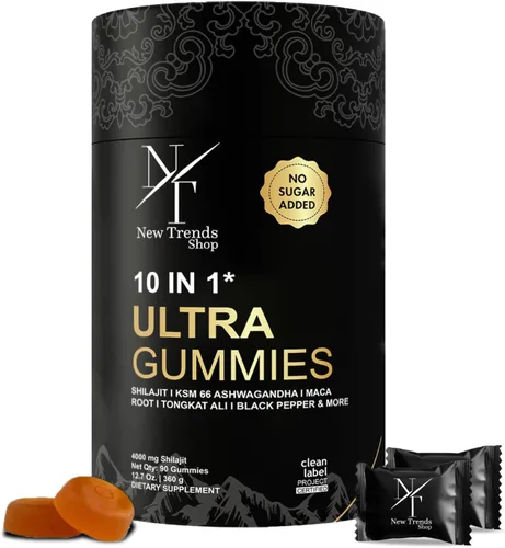 Shilajit Gummies 10 en 1 Ultra Shilajit Gummies | 4000 mg Shilajit puro, Tongkat Ali, raíz de maca, 75% ácido fúlvico | Vegano sin azúcar, más de 85