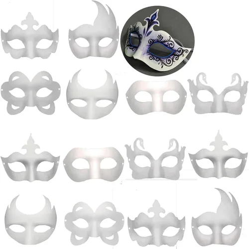 14 máscaras blancas de papel de media cara, máscaras de Mardi Gras, máscara pintable en blanco para fiesta de Halloween