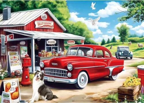 Rompecabezas de 1000 piezas para adultos, rompecabezas de tienda de campo con coche rojo, perro y escena de pueblo rústico, rompecabezas escénico al