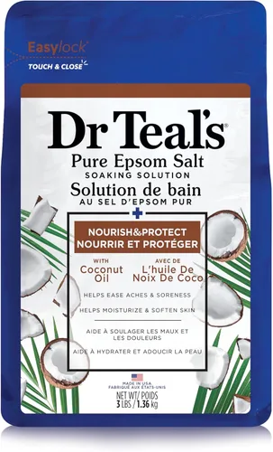 Dr. Teal - Sal pura de Epsom remojada, nutre y protege con aceite de coco, 3 libras (el embalaje puede variar)