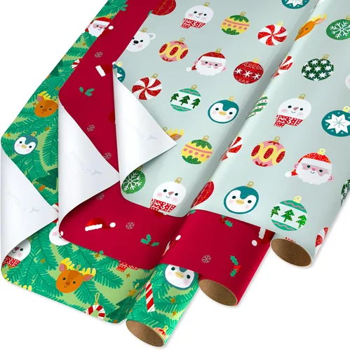 Papyrus - Rollos de papel de regalo de Navidad, adornos, sombreros de Santa y animales (paquete de 3, 22.5 pies cuadrados)