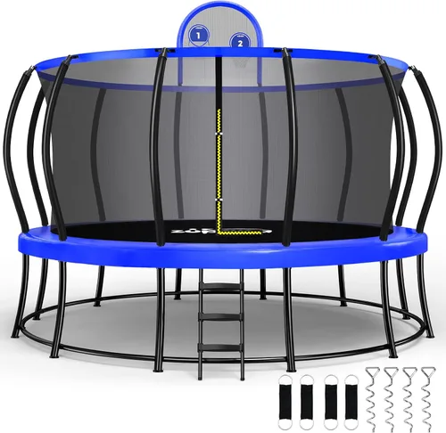 Zupapa Trampolín de doble marco de capacidad de 1800 libras, 16, 15, 14, 12 pies, diseño de seguridad sin huecos, postes curvos y aro de baloncesto
