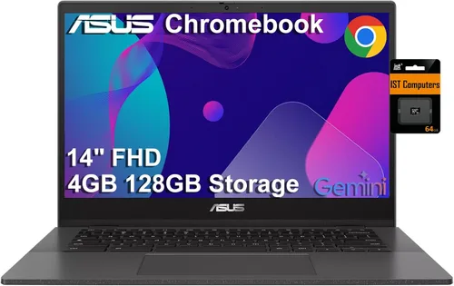ASUS Laptop Chromebook 14 (14 pulgadas FHD antirreflejo, Intel Celeron N4500, 4 GB de RAM, 128 GB de almacenamiento (64 GB eMMC+ tarjeta SD IST de