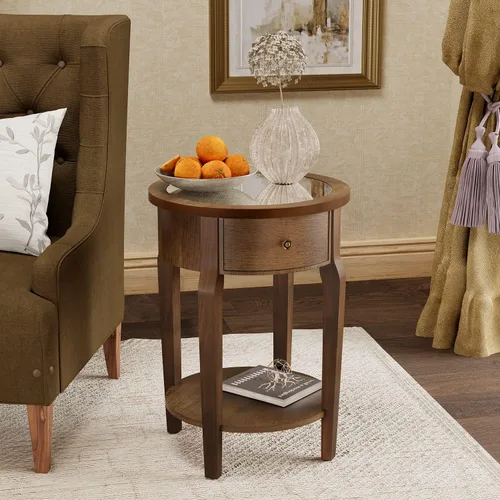 Vista 8 de COSIEST - Juego de 2 mesas auxiliares redondas estilo granja, mesa lateral clásica de 2 niveles color marrón, mesa de acento de madera con estante