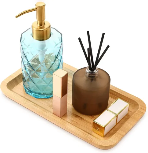 Bandeja de tocador de bambú, bandeja de encimera de baño, organizador rectangular de madera para dispensador de jabón, velas, joyas, perfumes, 9.8 x