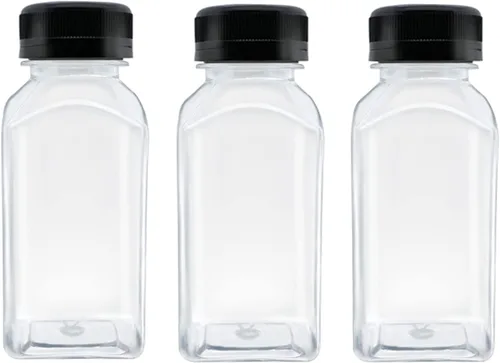 3 botellas de plástico de 8 onzas, recipientes reutilizables para bebidas a granel para jugo, leche y otras bebidas, tapa negra