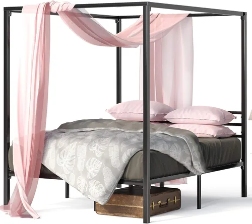 Zinus Patricia Armazón de Cama con Plataforma de Dosel de Metal Negro, Base de Colchón con Soporte de Listones de Acero, No Necesita Somier, Fácil