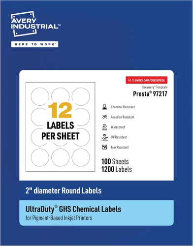 Avery UltraDuty - Etiquetas GHS, impermeables, etiquetas redondas blancas de 2 pulgadas, 1200 en total, uso con impresoras de inyección de tinta de