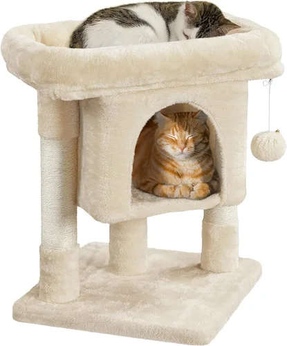 Yaheetech - Condominio pequeño de 23.5 pulgadas para gatos de perfil bajo con postes rascadores | Space-saving 16x16in base, soft plush cover, solid