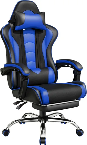 Yaheetech Silla Gaming con reposapiés Masaje Almohada Lumbar Negro y Azul