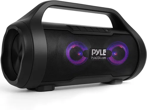 Pyle Altavoz portátil Bluetooth Boombox – 40 W de potencia máxima, 2.0 canales recargable estilo barril altavoz con TWS, luces LED – entrada AUX,