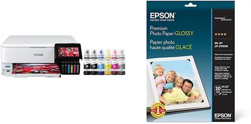 Epson EcoTank Photo ET-8500 Impresora inalámbrica a color todo en uno Supertank, blanco, papel fotográfico grande y de alta calidad brillante (8 x
