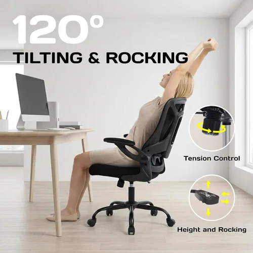 Vista 9 de Silla de oficina ergonómica, 300 libras, silla de computadora de malla resistente con soporte lumbar ajustable, brazos abatibles de 90° que ahorran
