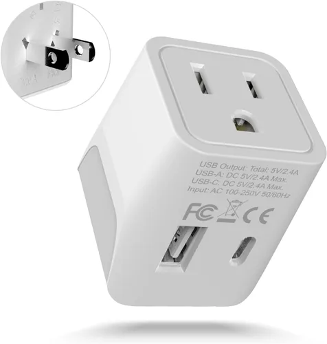 Adaptador de viaje Ceptics, de EE. UU. a Japón, Filipinas, con doble USB, tipo A, ultra compacto Type A - Japan, Philippines Blanco mate