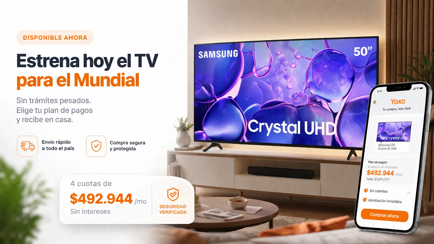 Estrena hoy el TV para el Mundial — Samsung LED 50 Crystal 4K UHD desde $492.944/mes con aliados financieros en Yaxa Colombia